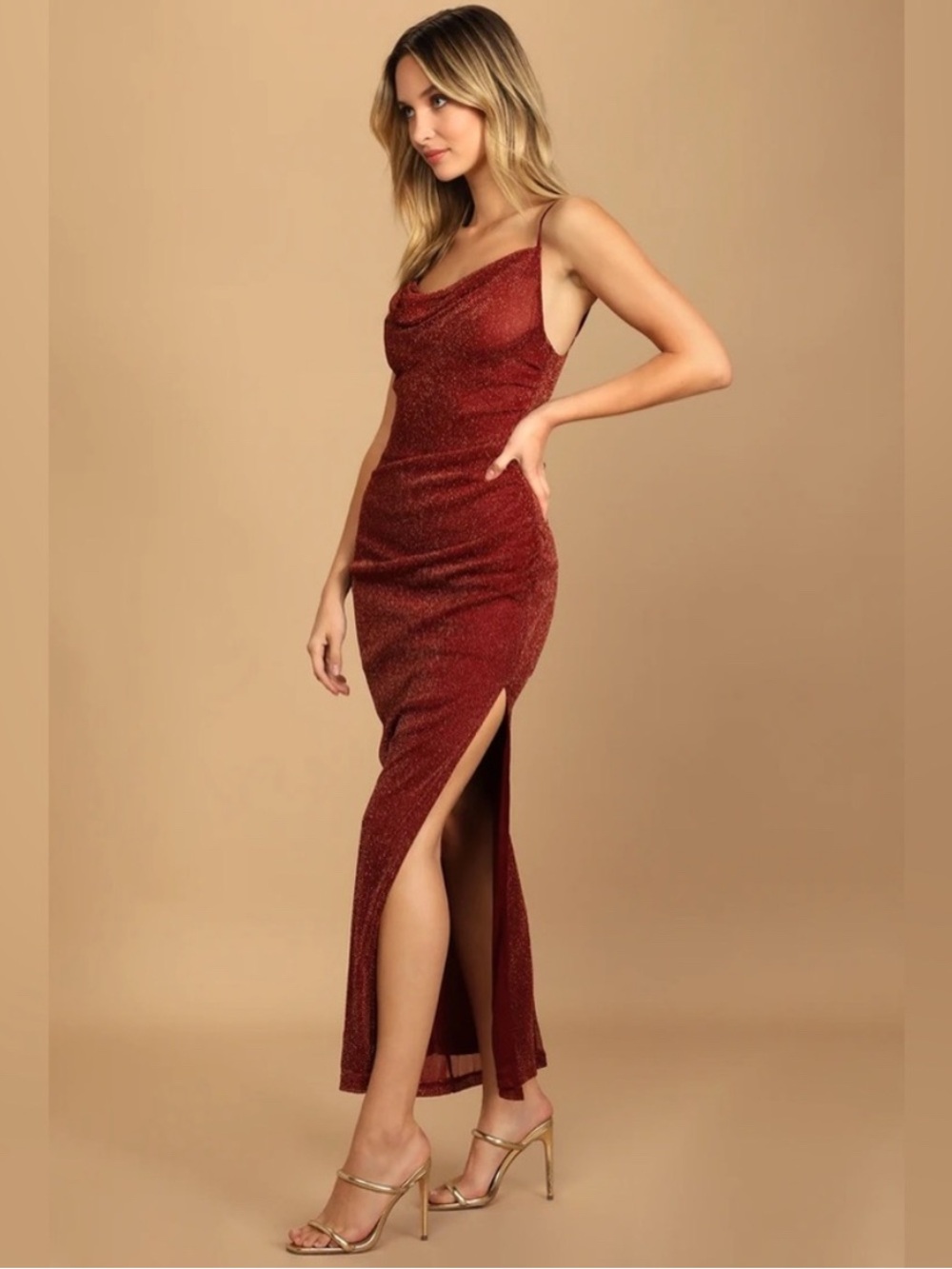 Lulu's Metallic Rust Red Cowl Neck Maxi Dress with High Slit
